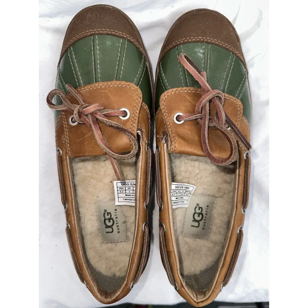 UGG Australia Duck Boots Leather Sherpa‎ Shearling Lined 6.5 Boat Green Brown